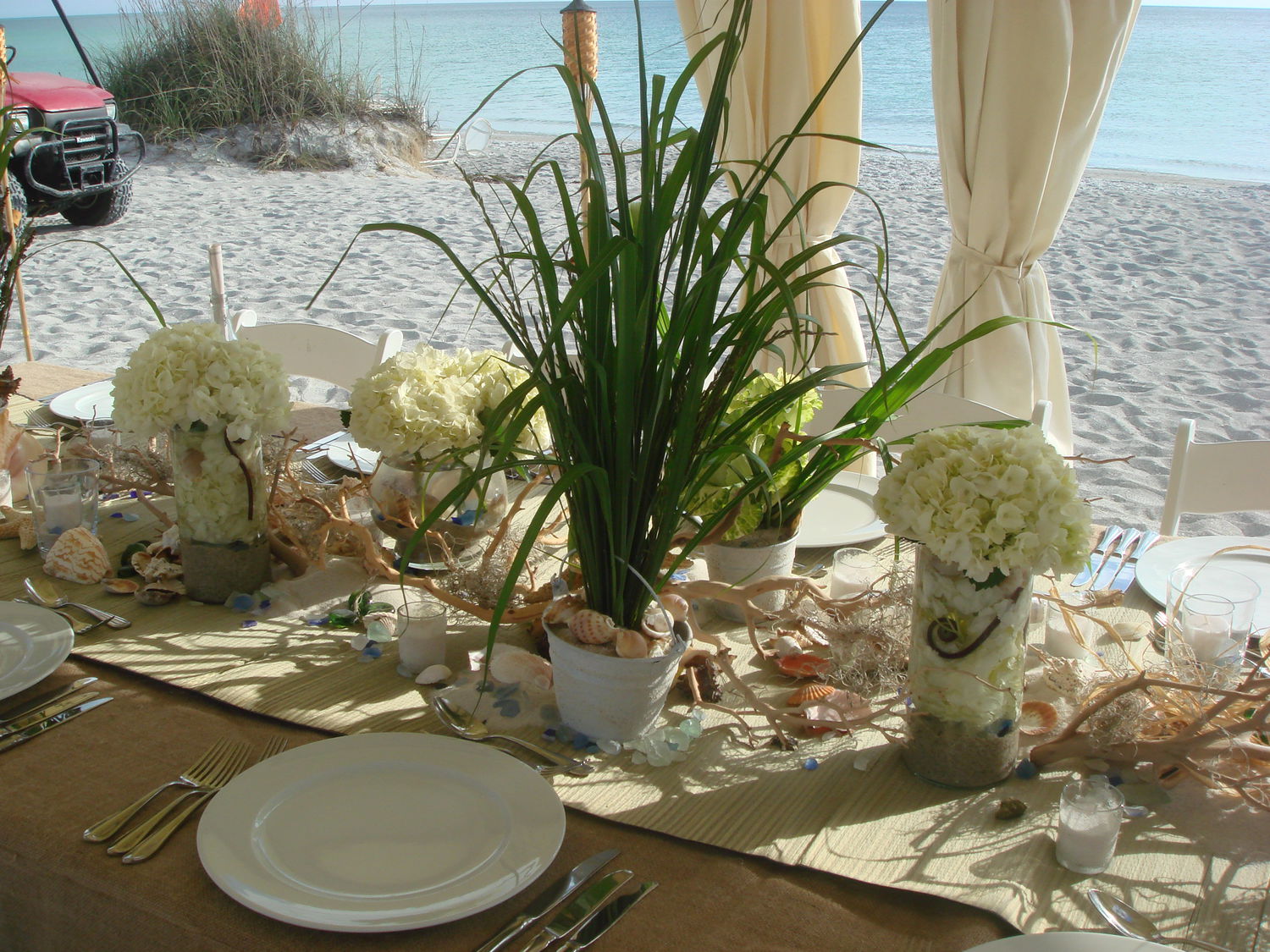 Outdoor table on a beach decorated with plants from Beneva Plantscapes