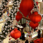 Indoor holiday retail decor and Christmas decorations