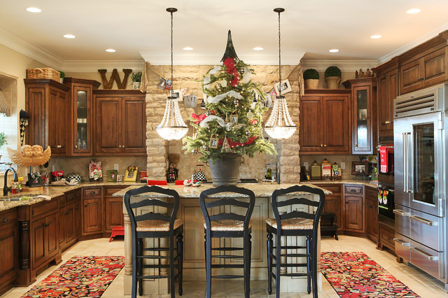Traditional holiday decorations installed in a kitchen